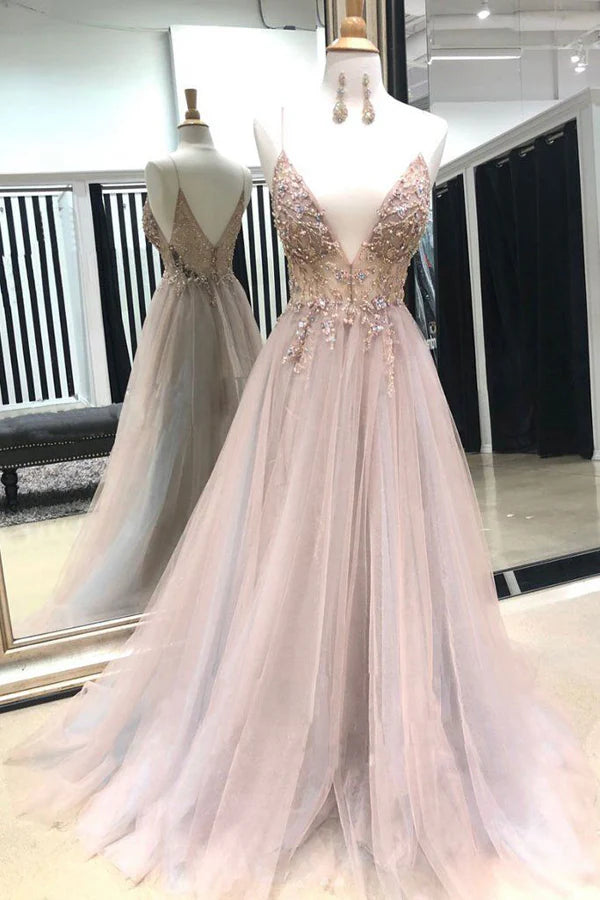 A-line Beaded V-Neck Spaghtti Straps Light Prom Dresses with Split Prom Dresses