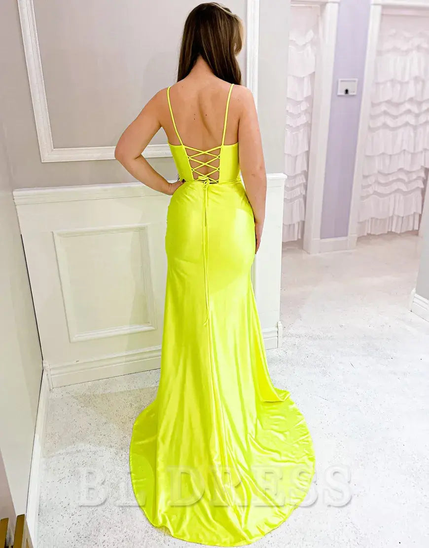 Mermaid Spaghetti Straps Ruched Long Yellow formal dresses evening gown Prom Dress with Slit