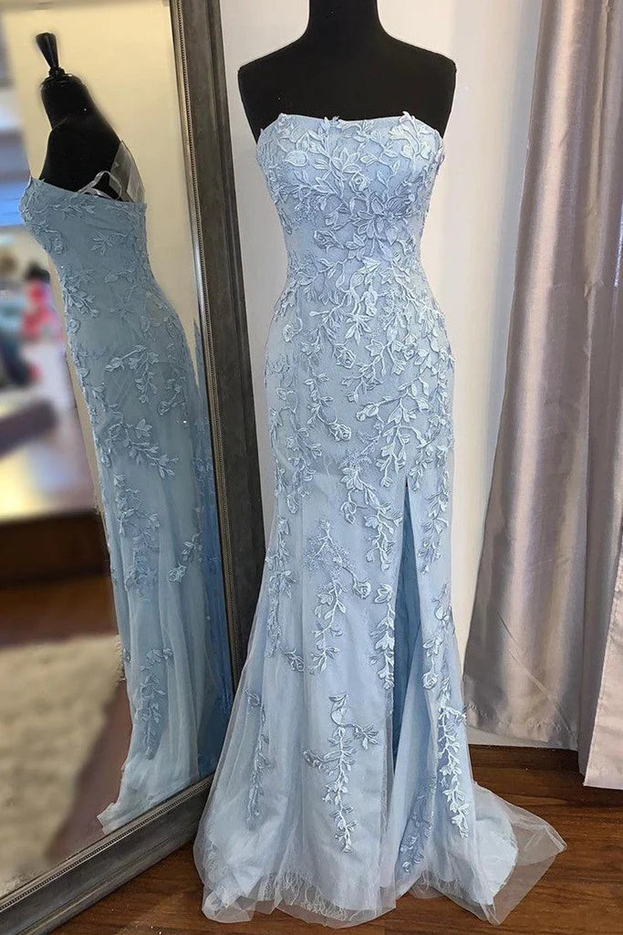 Mermaid Strapless Sky Blue Split Prom Dresses Formal Dress With Lace