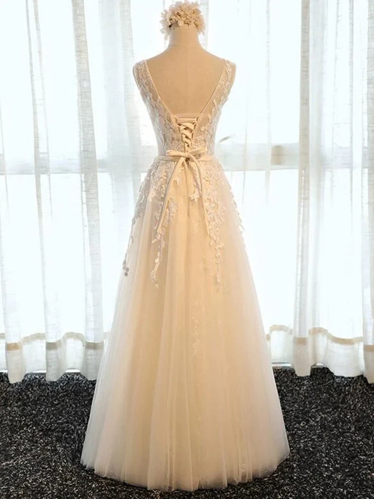 A Line Round Neck Tulle Lace Long Prom Dresses with Corset Back Formal Evening Wedding Dresses