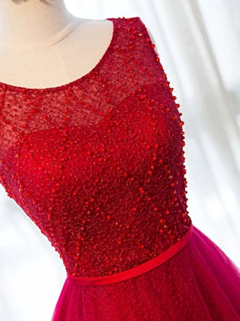 A-line Round Neck Tulle Beaded Long Prom Dresses Evening Dresses