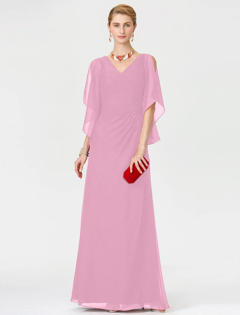 Sheath / Column Mother of the Bride Dress Furcal V Neck Floor Length Chiffon Half Sleeve No with Criss Cross Split Front