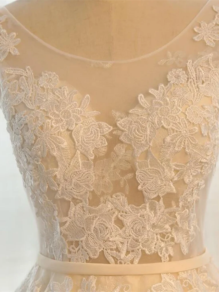 A Line Round Neck Tulle Lace Long Prom Dresses with Corset Back Formal Evening Wedding Dresses