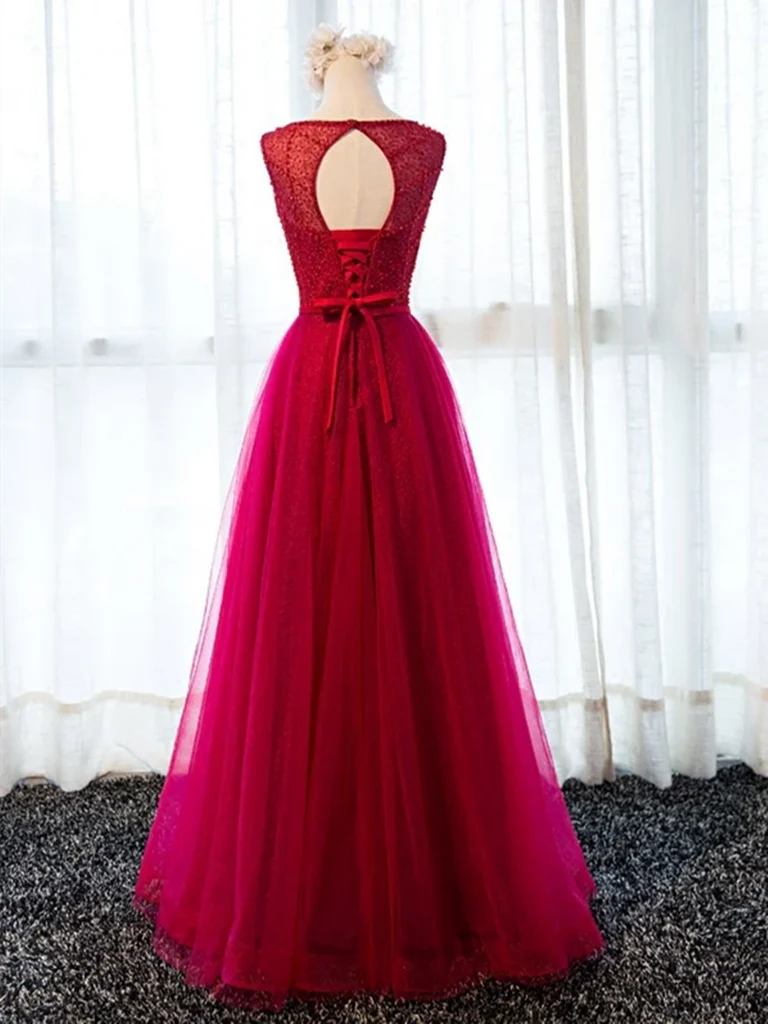 A-line Round Neck Tulle Beaded Long Prom Dresses Evening Dresses