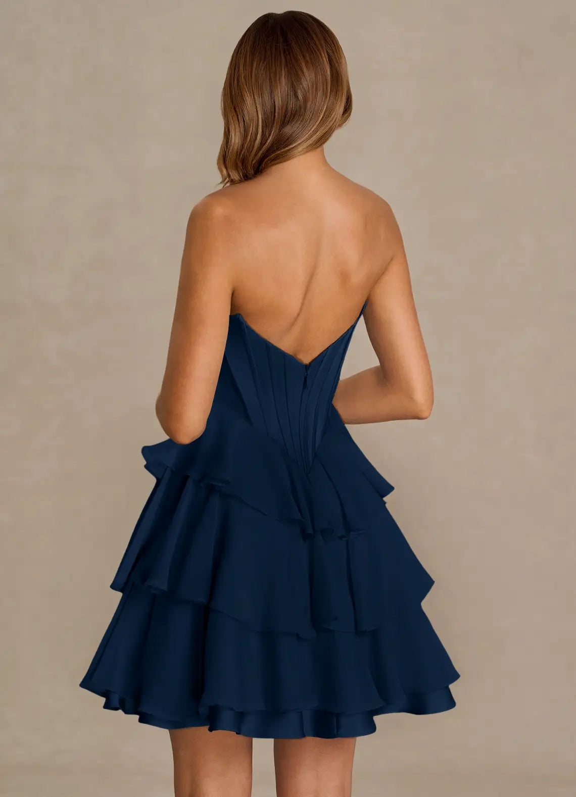 Elegant A-Line Strapless Ruffled Tiered Navy Short Homecoming Dress Women's