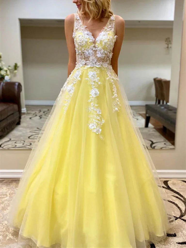 A Line V Neck Tulle Lace Long Prom Dresses Formal Evening Dresses