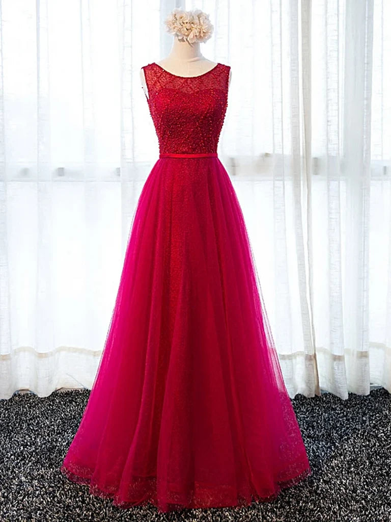 A-line Round Neck Tulle Beaded Long Prom Dresses Evening Dresses