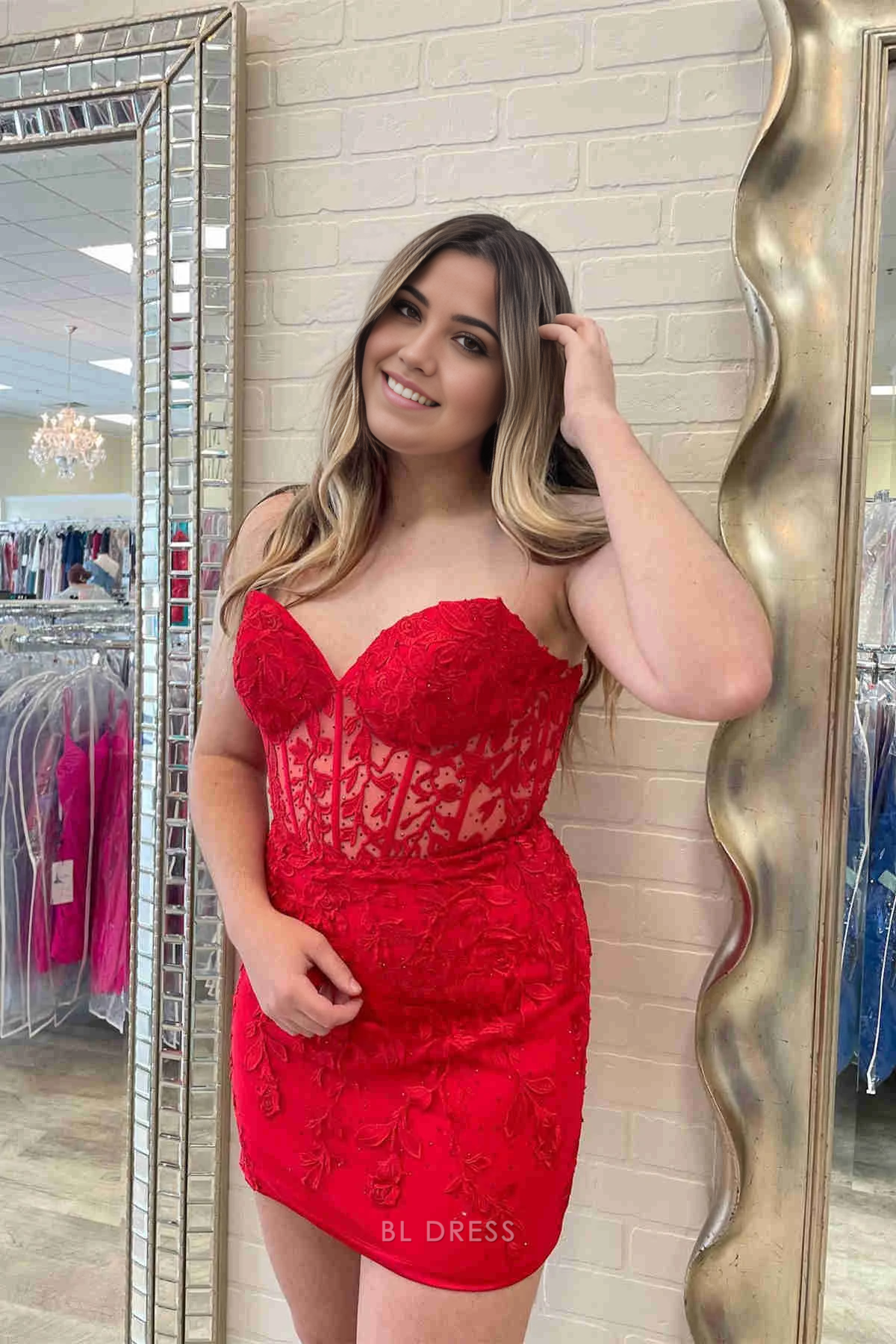 Etuikleid mit Schnürung und Applikationen, trägerlos, Heimkehrkleid, formelle Kleider, Brautjungfernkleider, Abendkleid, Ballkleid