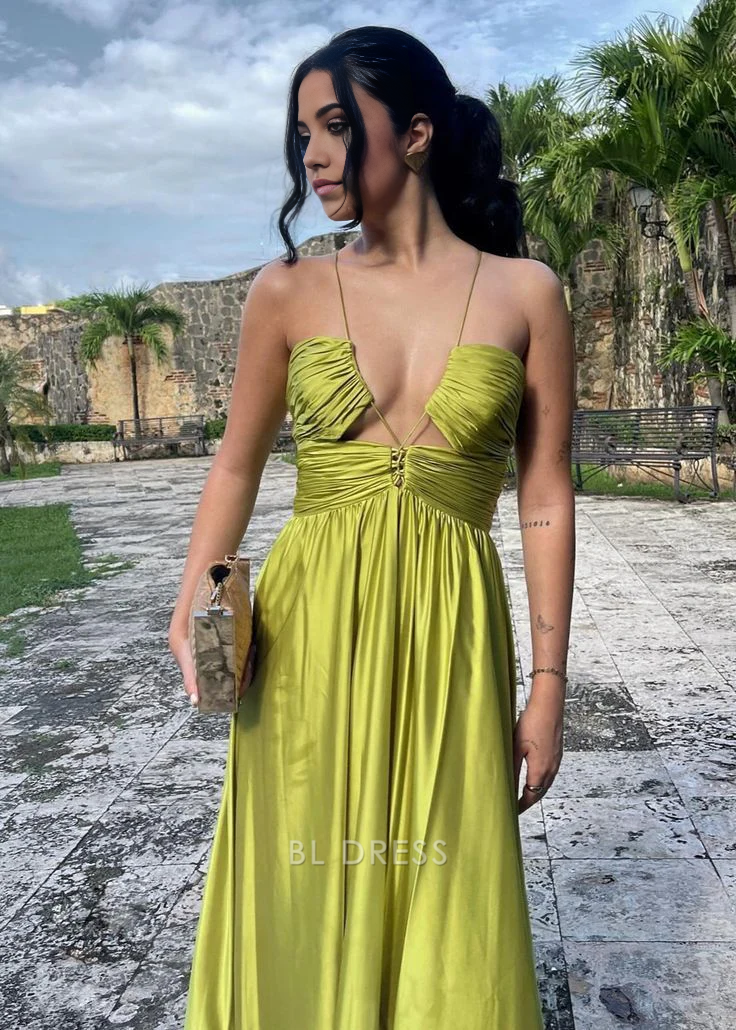 A-line Halter Satin Ruched Green Long formal dresses Bridesmaid Dresses evening gown Prom Dress
