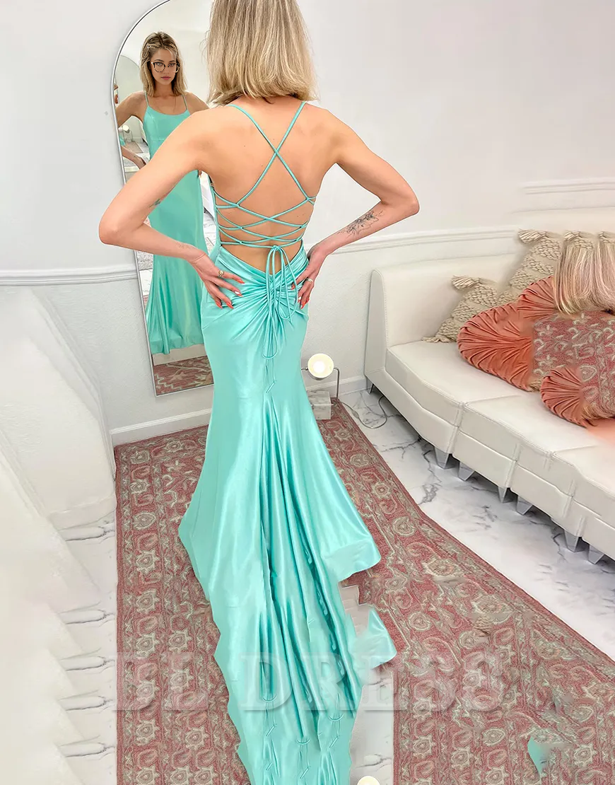 Mermaid Spaghetti Straps Satin Pink Long formal dresses Bridesmaid Dresses evening gown Prom Dress