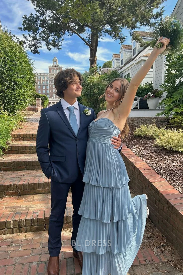 A-line Strapless Ruffle Multi-Layer Blue Long formal dresses Bridesmaid Dresses evening gown Prom Dress