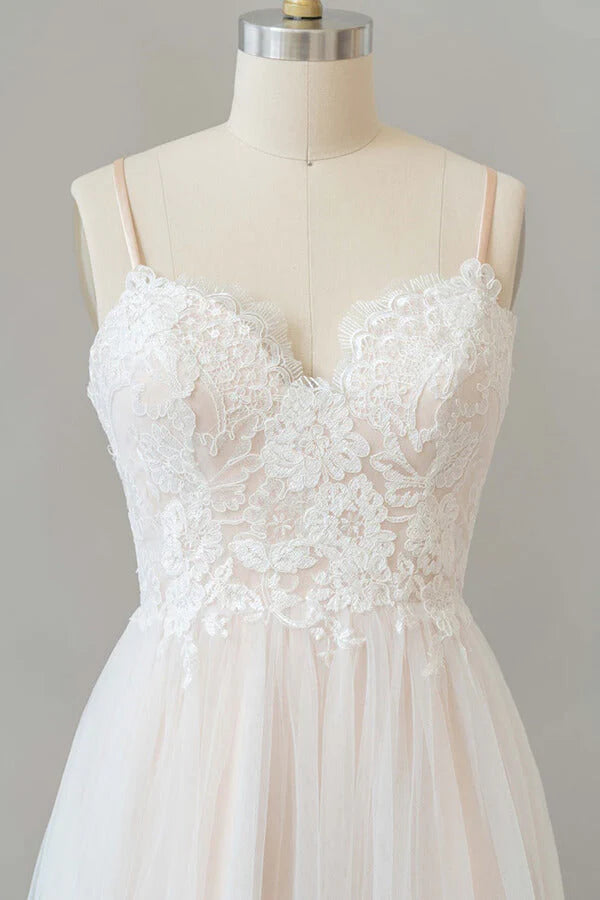 A-line V-neck Appliques Lace Tulle Backless Long Wedding Dress