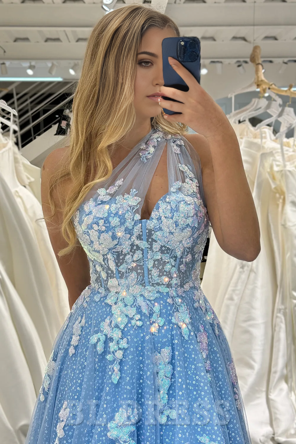 A Line One Shoulder Long Tulle Light Blue formal dresses evening gown Prom Dress With Appliques