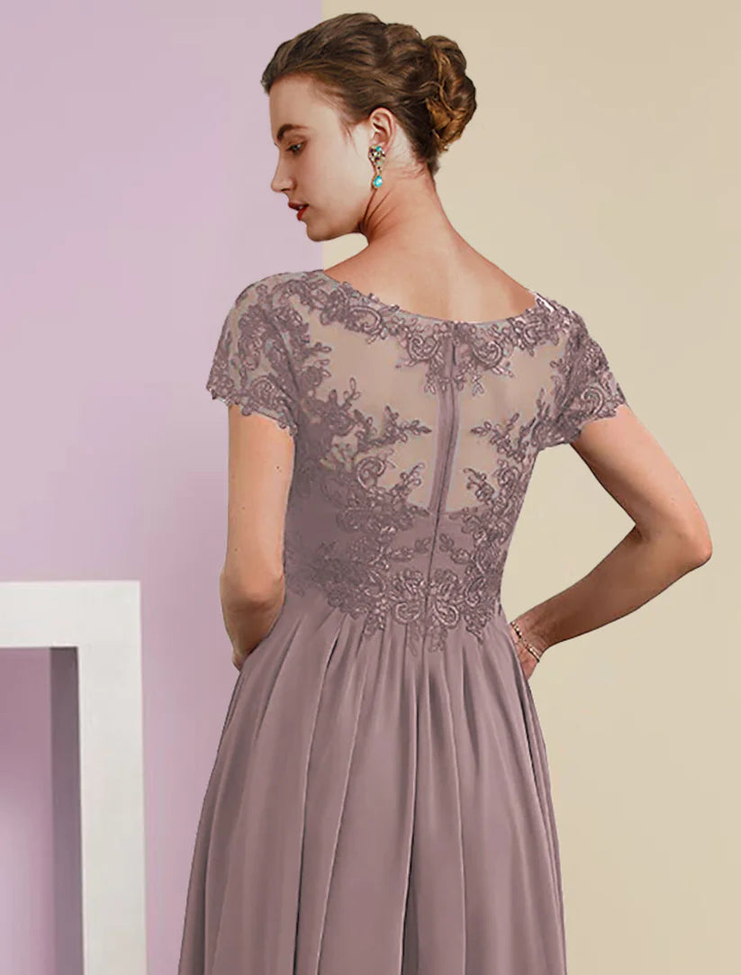 Zweiteiliges A-Linien-Kleid für die Mutter der Braut, formelle Hochzeitsgäste, elegant, V-Ausschnitt, knielang, Chiffon, Spitze, kurzärmelig, Jackenkleider mit Faltenapplikationen