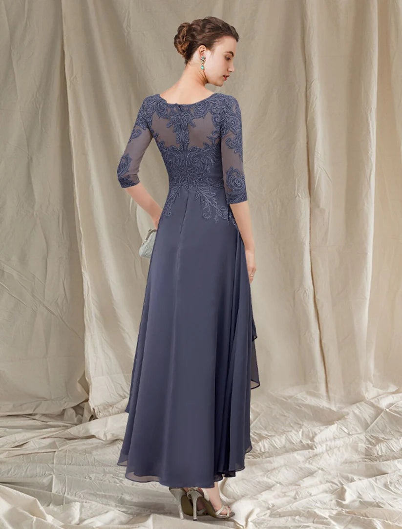 A-Line Mother of the Bride Dress Elegant High Low Jewel Neck Asymmetrical Tea Length Chiffon Lace 3/4 Length Sleeve with Pleats Appliques