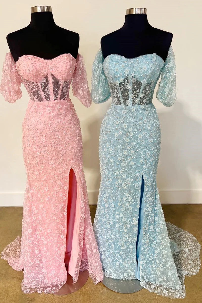 Mermaid Long Prom Dress with Slit 3D Floral Lace Sweetheart