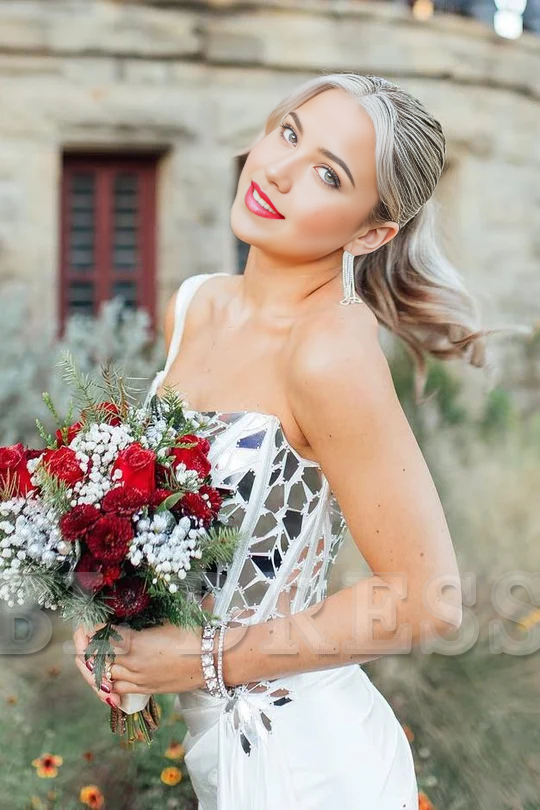 Sheath One Shoulder Square Neck Mirror-Cut Sequins White formal dresses evening gown Prom Dress with Slit