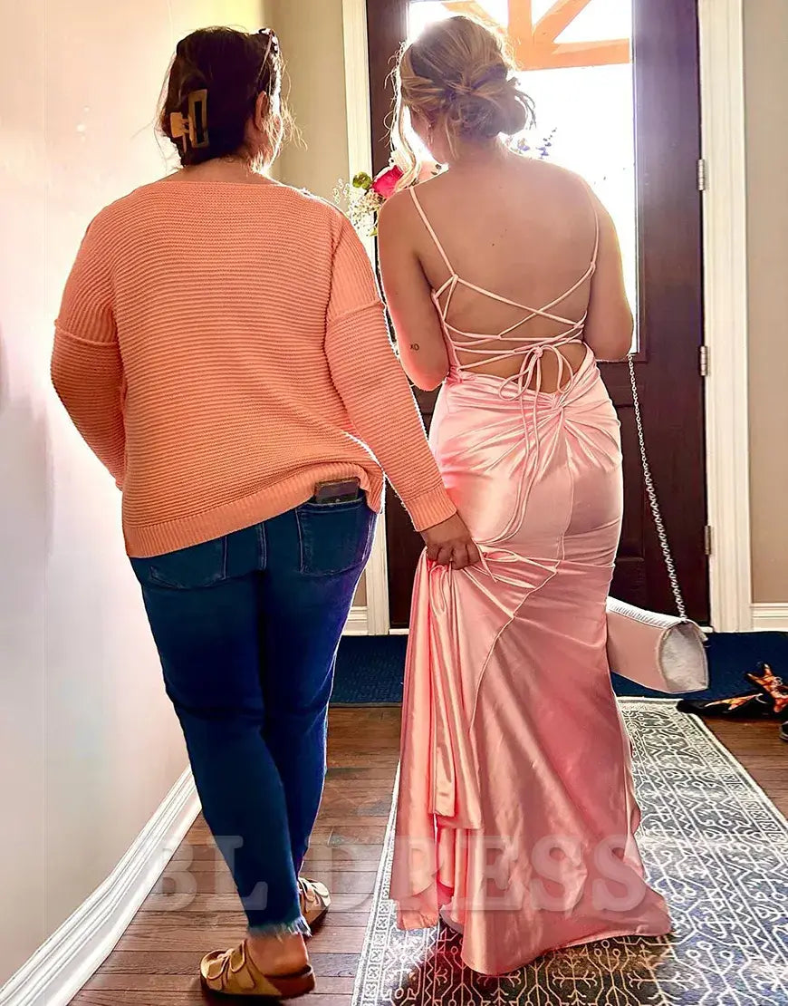 Mermaid Spaghetti Straps Satin Pink Long formal dresses Bridesmaid Dresses evening gown Prom Dress