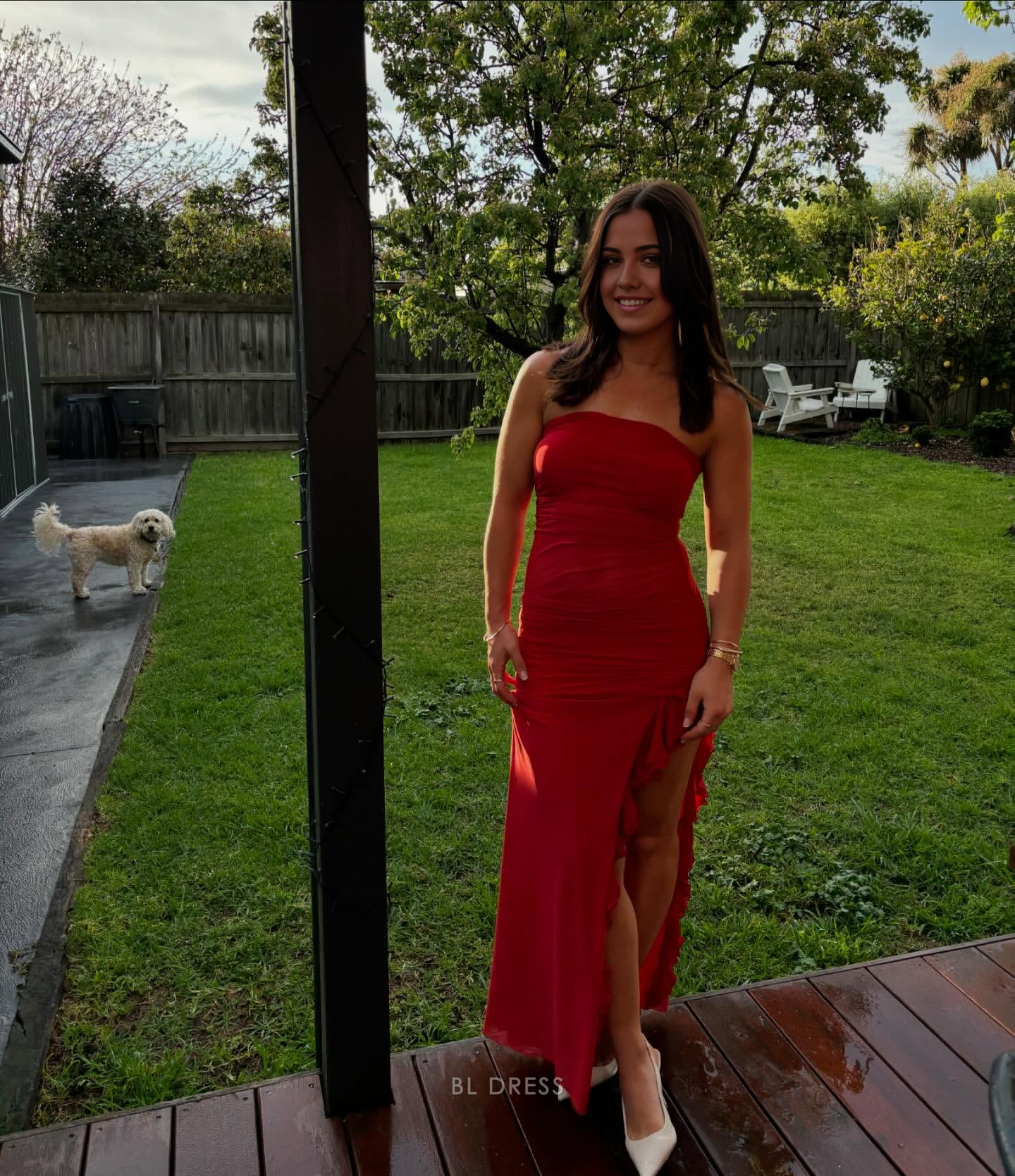 Sheath Strapless Red Ruffle formal dresses Bridesmaid Dresses evening gown Prom Dress With Slit