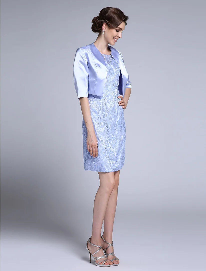 Sheath / Column Mother of the Bride Dress Convertible Dress Scoop Neck Knee Length Satin Lace Half Sleeve No with Lace