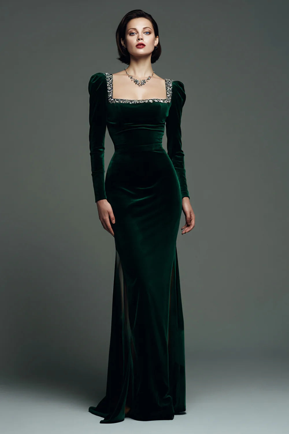 Sparkly Dark Green Square Neck Velvet Mermaid Maxi Formal Dress