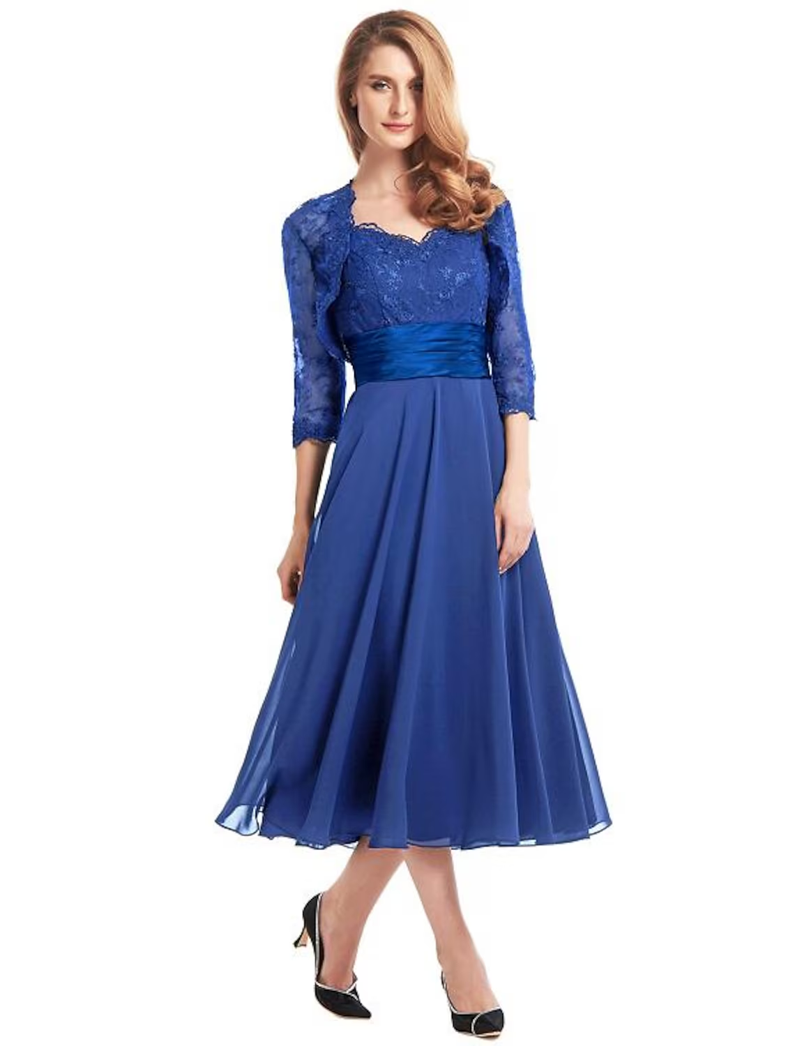 A-Line Mother of the Bride Dress Convertible Dress V Neck Tea Length Chiffon Corded Lace Sleeveless with Lace Pleats Appliques