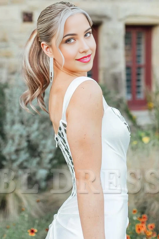 Sheath One Shoulder Square Neck Mirror-Cut Sequins White formal dresses evening gown Prom Dress with Slit