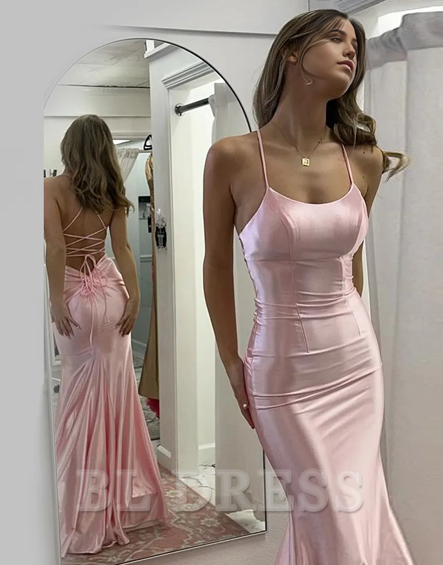 Mermaid Spaghetti Straps Satin Pink Long formal dresses Bridesmaid Dresses evening gown Prom Dress