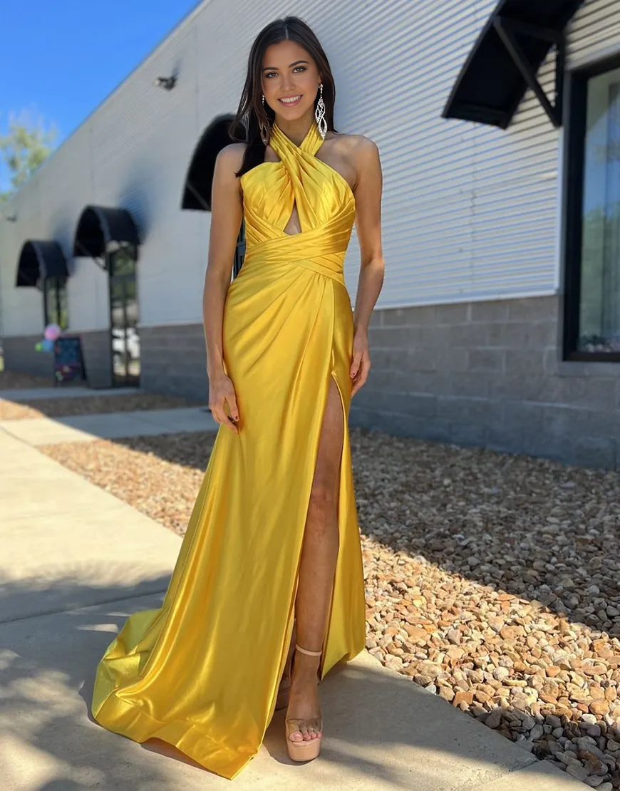 Mermaid Halter Ruched Satin Yellow Long formal dresses evening gown Prom Dress with Slit