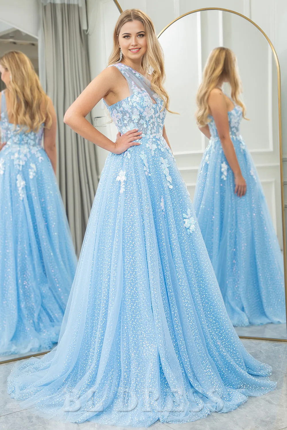 A Line One Shoulder Long Tulle Light Blue formal dresses evening gown Prom Dress With Appliques
