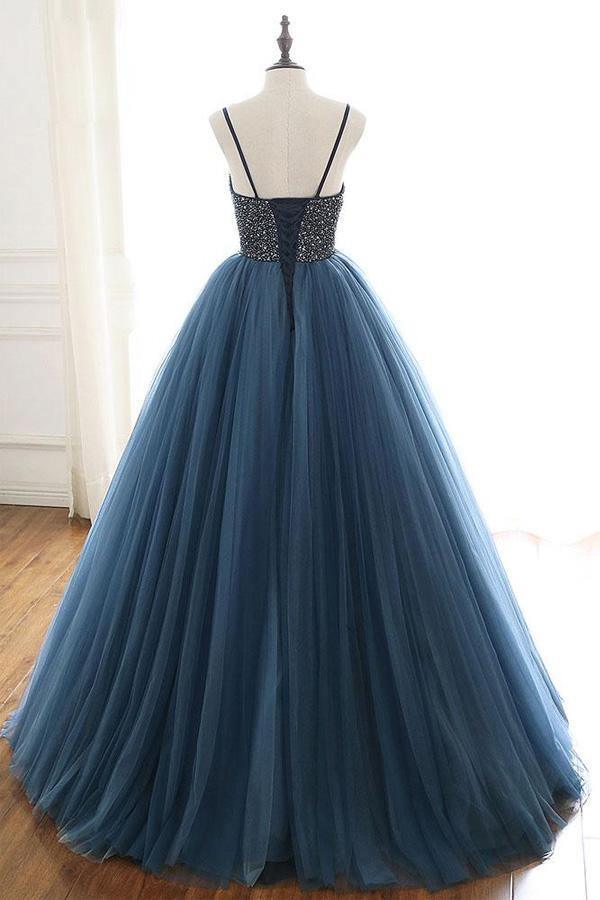 Ball Gown Deep Tulle Beading Prom Dress