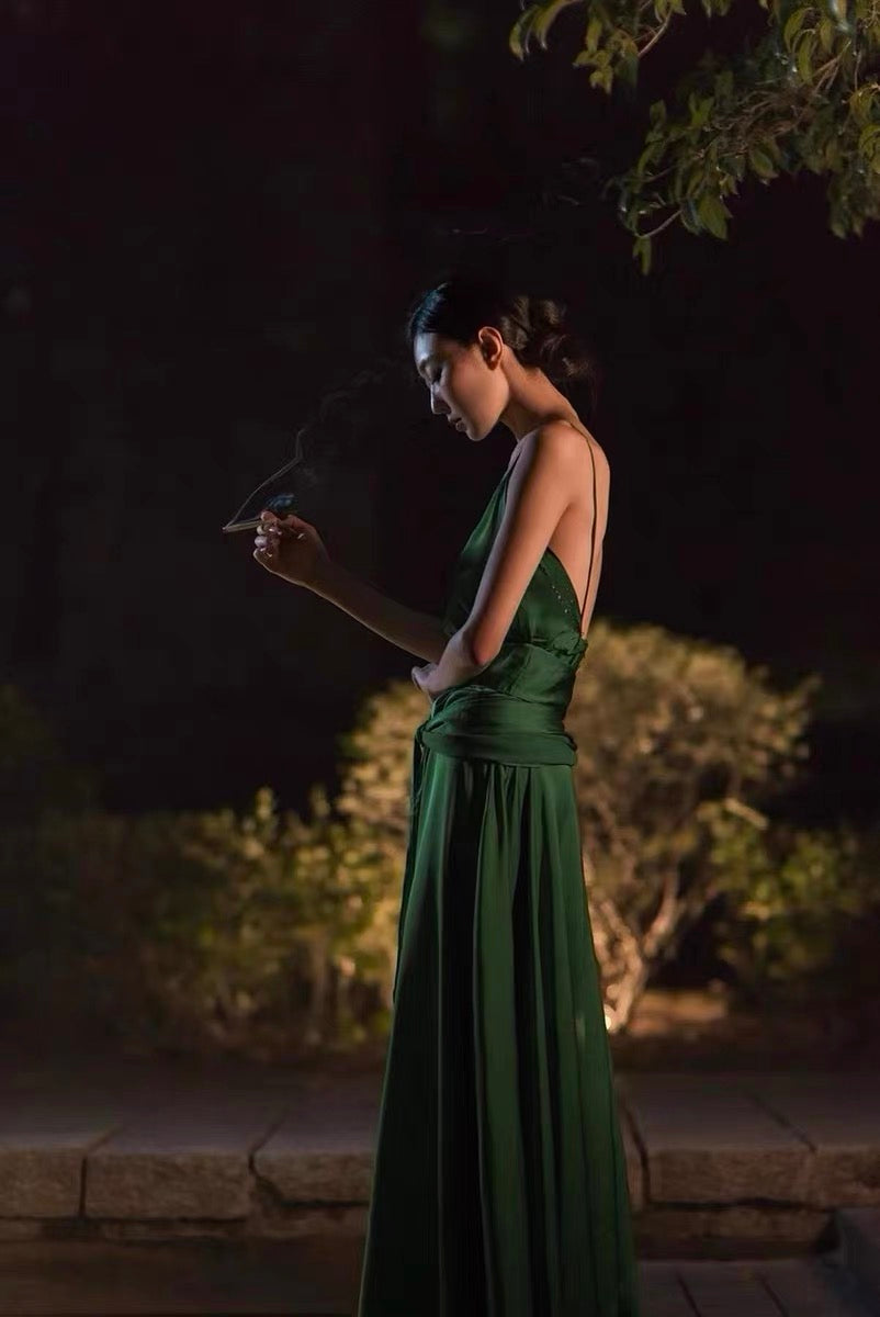 A Line Spaghetti Straps Green Formal Dresses Bridesmaid Dresses Evening Gown Prom Dress with open back Backless Atonement dress