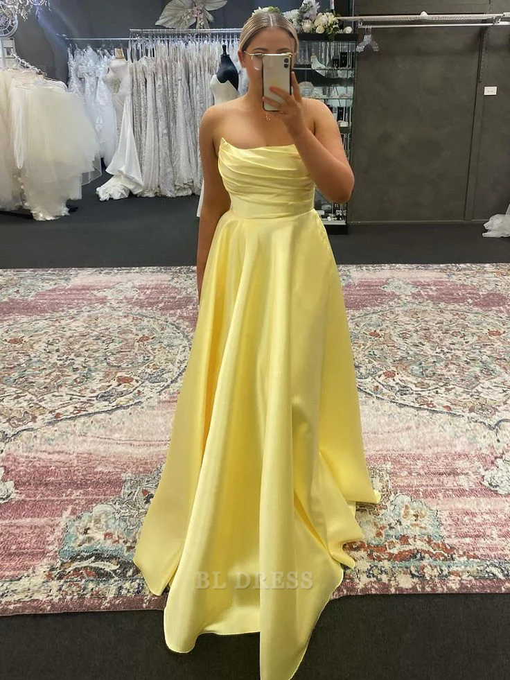 A-line Strapless Yellow Satin Long formal dresses Bridesmaid Dresses evening gown Prom Dress