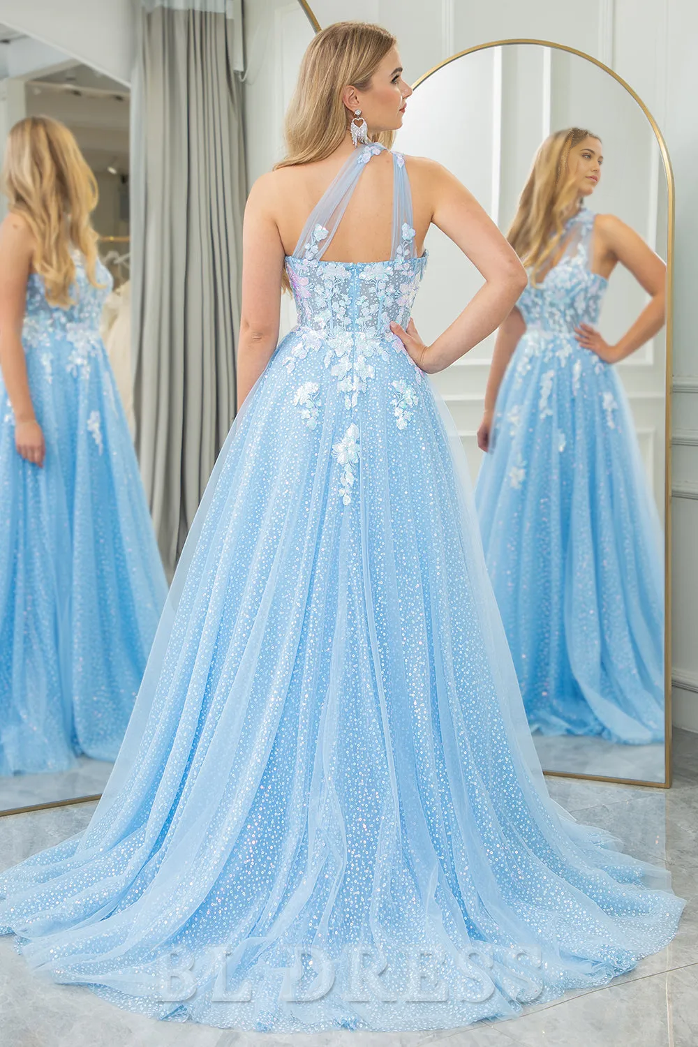 A Line One Shoulder Long Tulle Light Blue formal dresses evening gown Prom Dress With Appliques