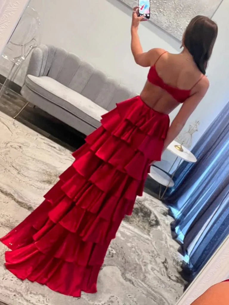 A Line V Neck Red Yellow Backless Long Prom Dresses Open Back Red Yellow Formal Evening Dresses