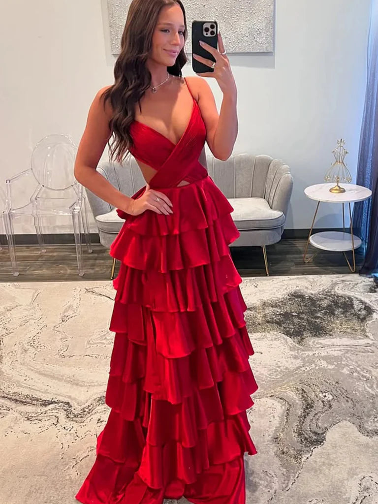 A Line V Neck Red Yellow Backless Long Prom Dresses Open Back Red Yellow Formal Evening Dresses