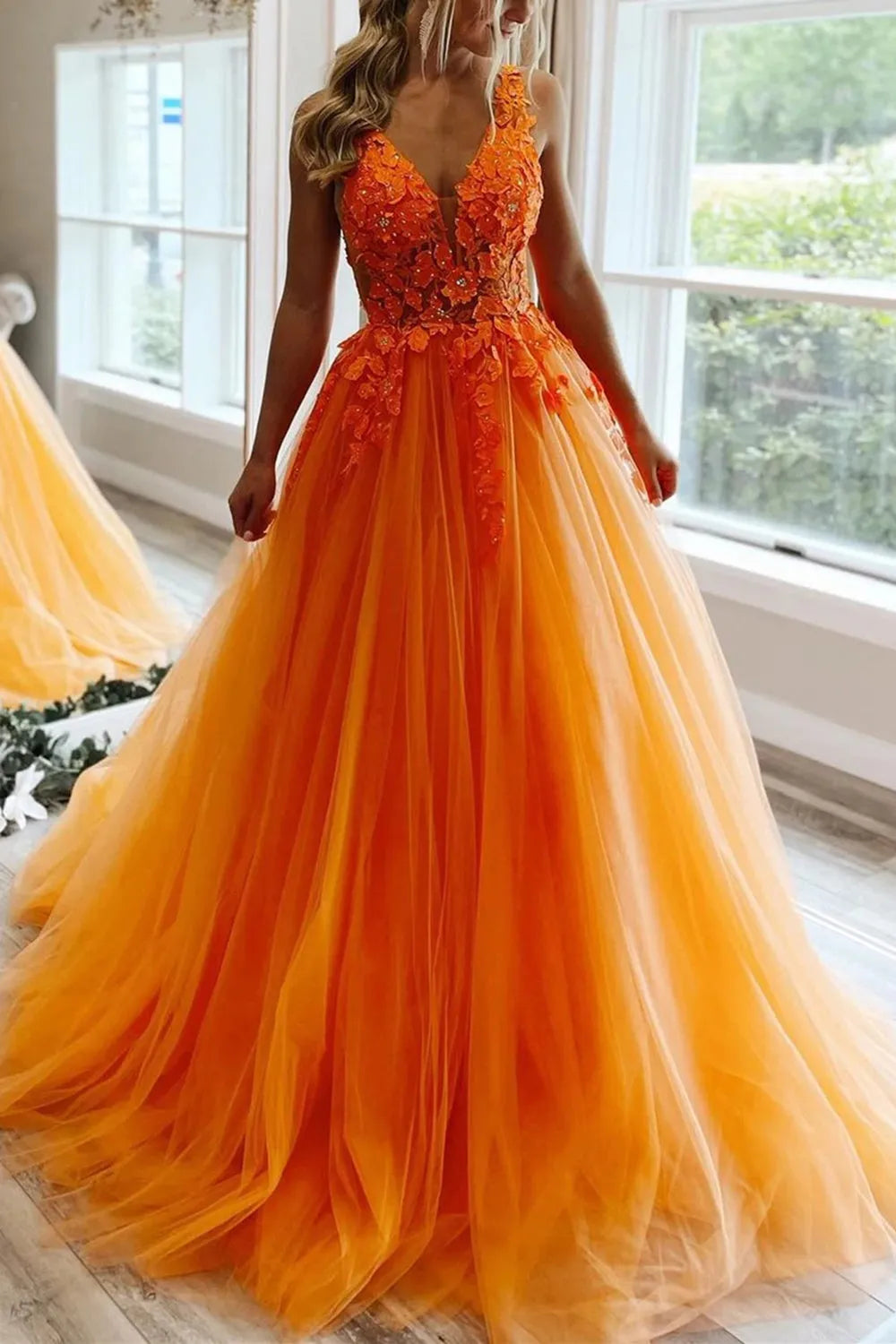 A Line V Neck Prom Dress with Appliques