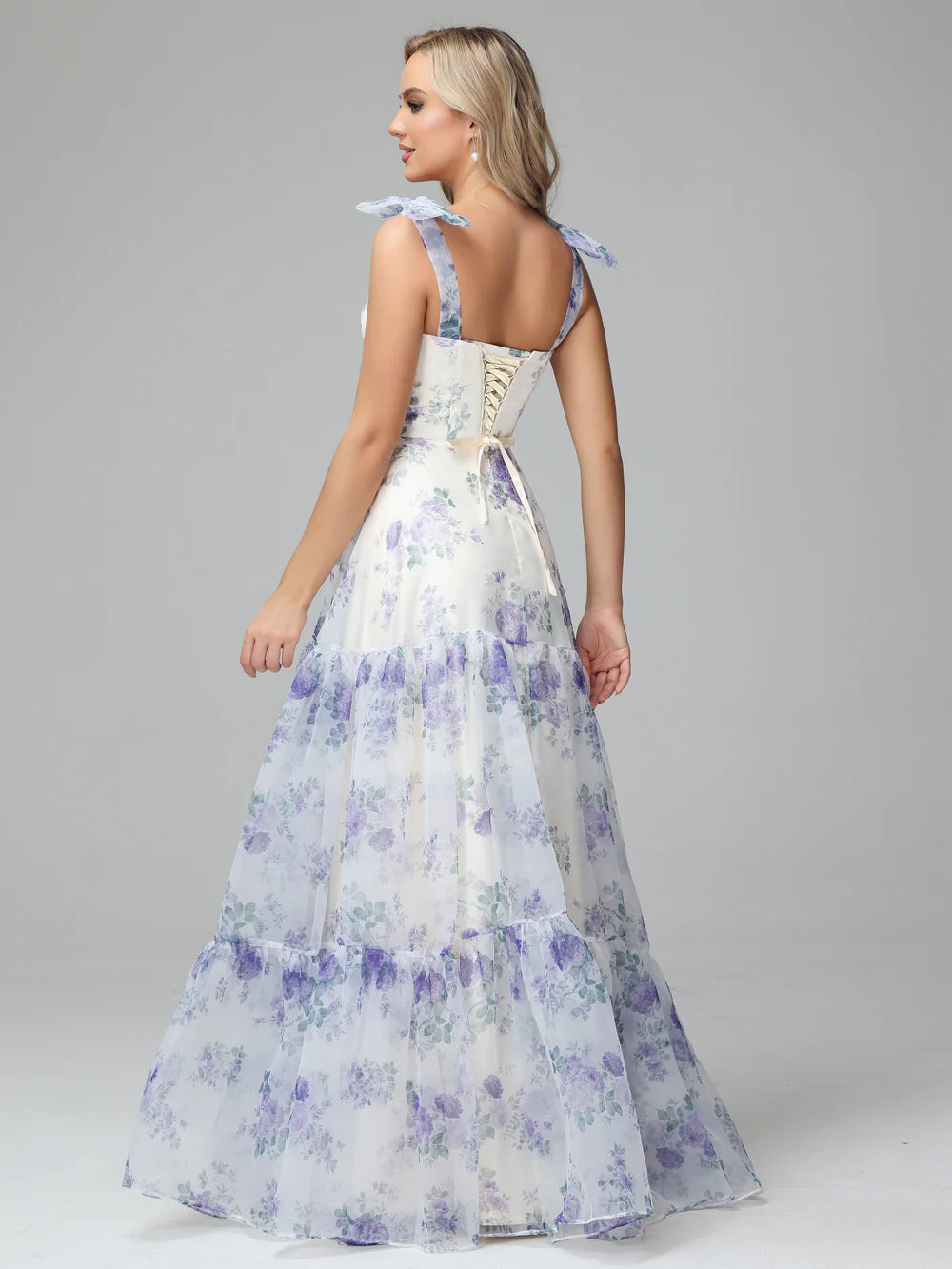 Floral Print Lace Up Floor Length Prom Dresses