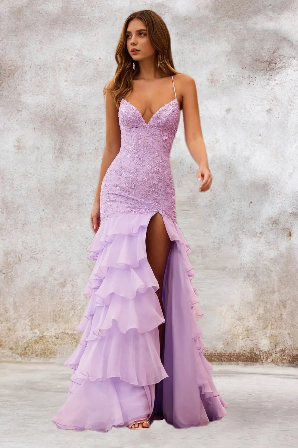 Sparkly Mermaid Spaghetti Straps Appliqued Tiered Prom Dress