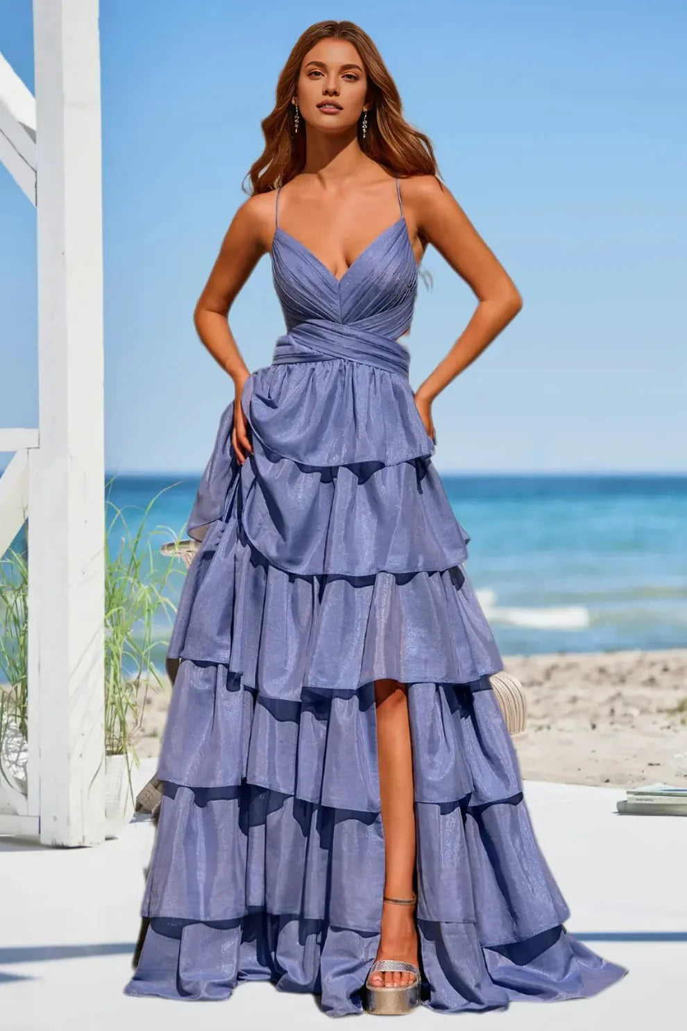 Stylish A Line Spaghetti Straps Tiered Prom Dress