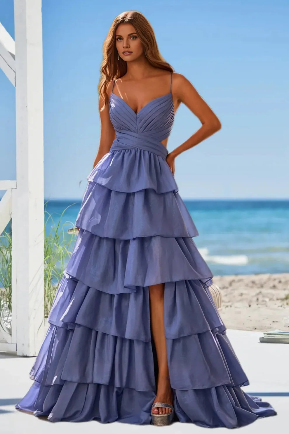 Stylish A Line Spaghetti Straps Tiered Prom Dress