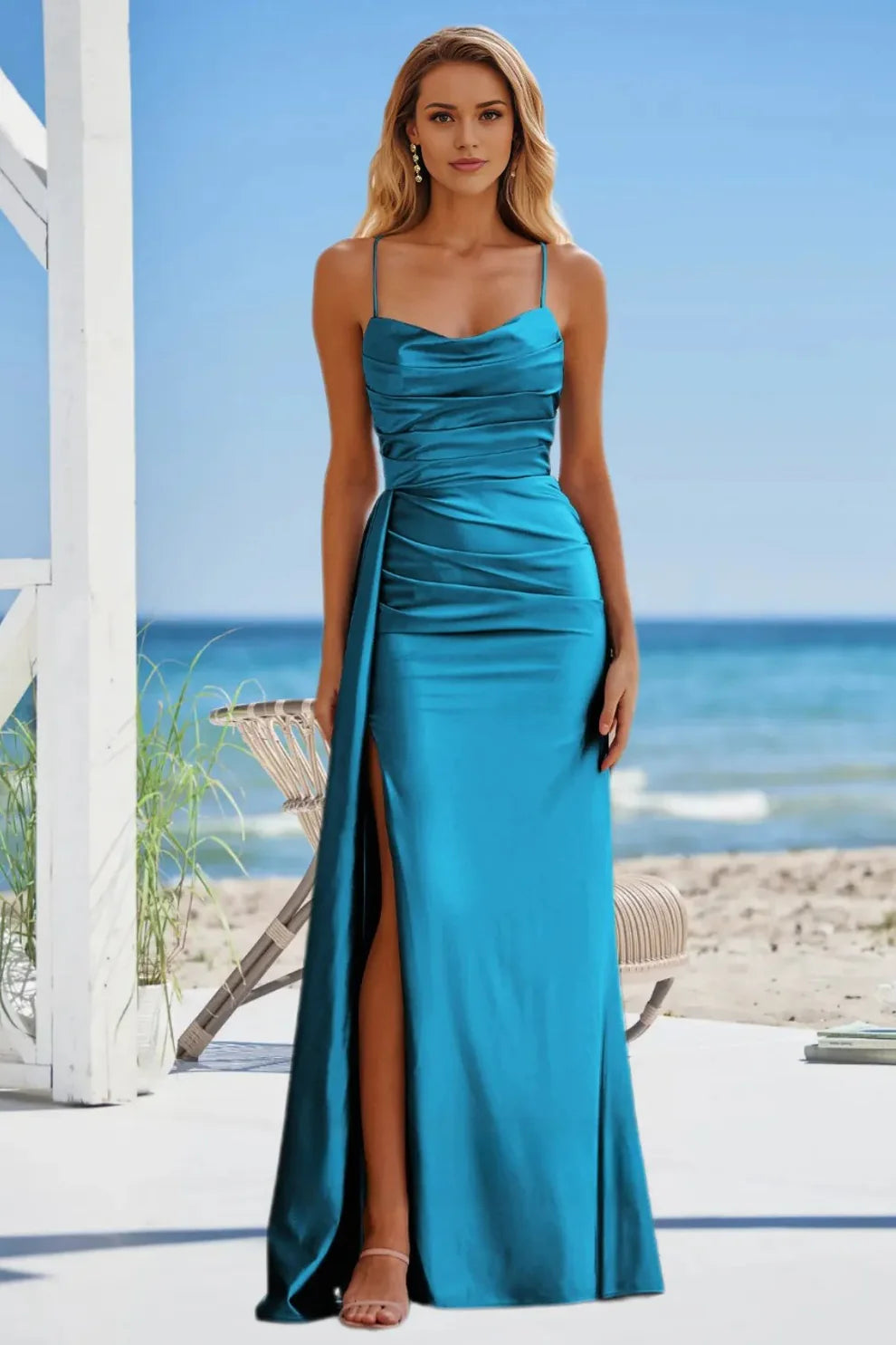Vintage Mermaid Spaghetti Straps Satin Prom Dress With Train