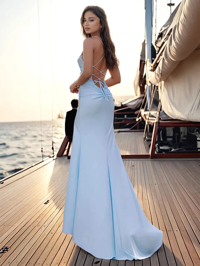 Pleats Crystal Hot Fix Spaghetti Strap Satin Mermaid Prom Dress