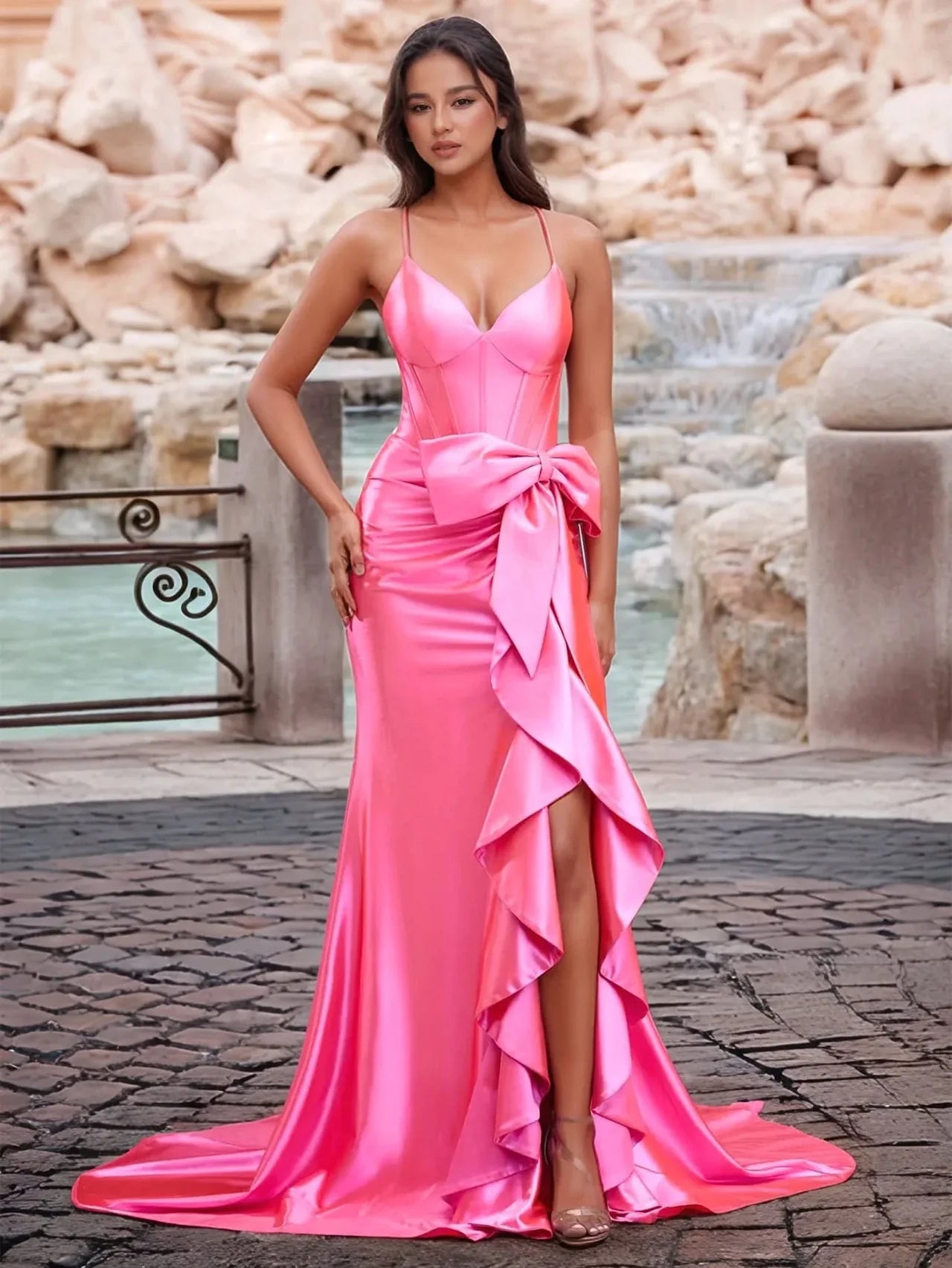 Bow Waist Spaghetti Strap Ruffle Mermaid Prom Dress With Slit