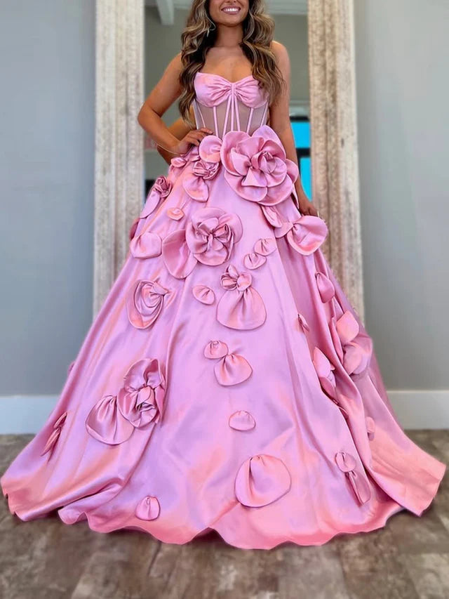 Hand Made Flowers Sheer Bodice Ball Gown Prom Maxi Dress