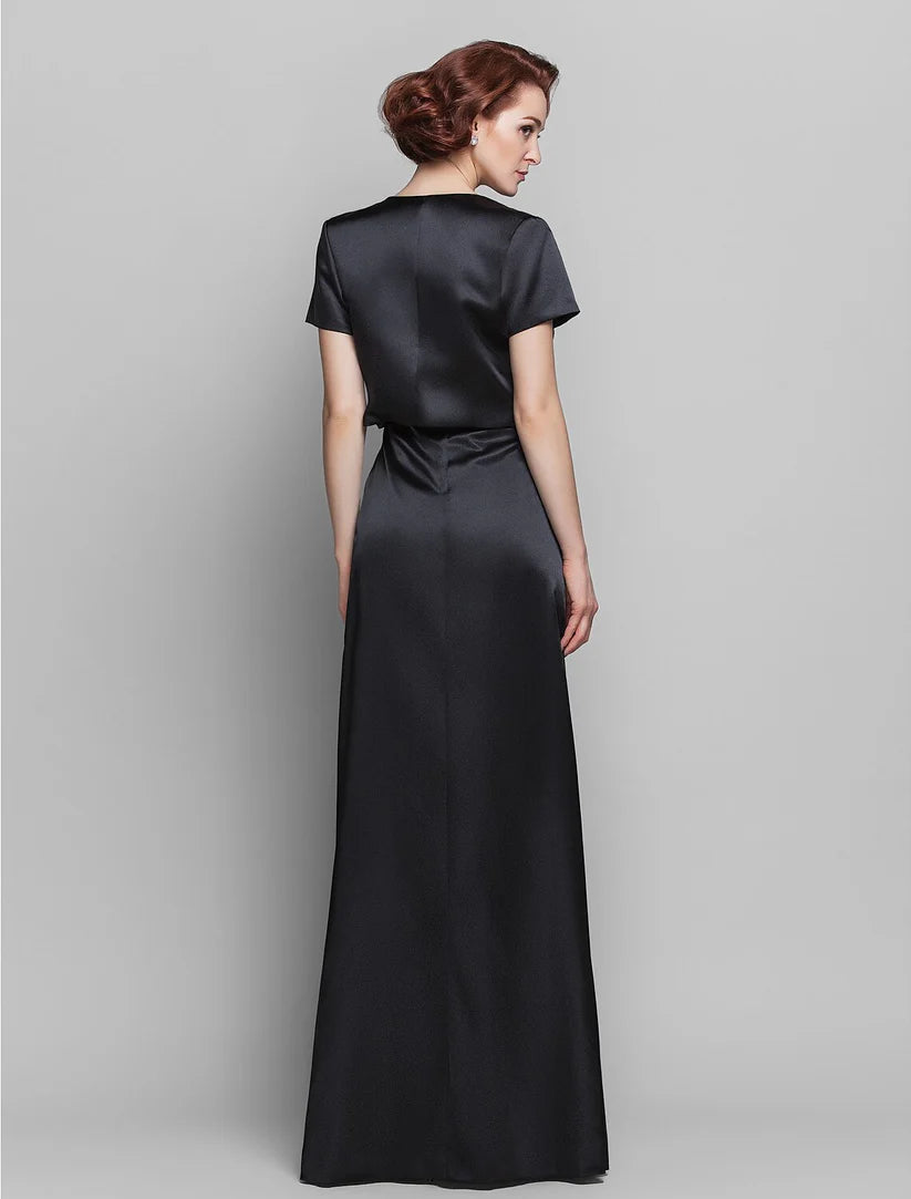 Sheath / Column Mother of the Bride Dress Wrap Included Spaghetti Strap Floor Length Stretch Satin Short Sleeve with Ruched Tassel Crystal Brooch