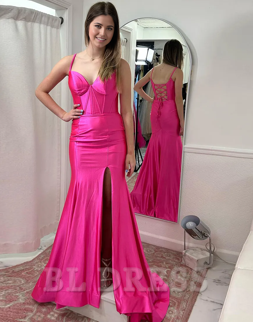 Mermaid Spaghetti Straps Corset Satin Fuchsia Long formal dresses Bridesmaid Dresses evening gown Prom Dress with Slit