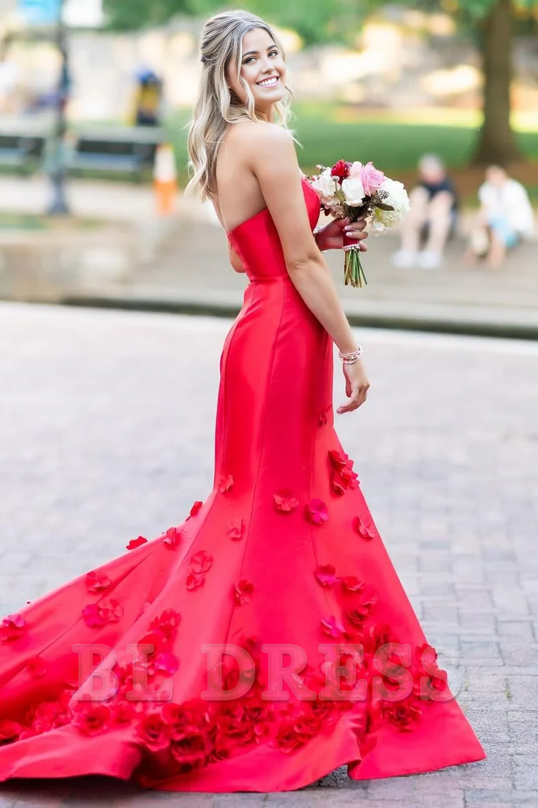 Mermaid Strapless Sleeveless Appliques Pink Long Formal formal dresses evening gown Prom Dress