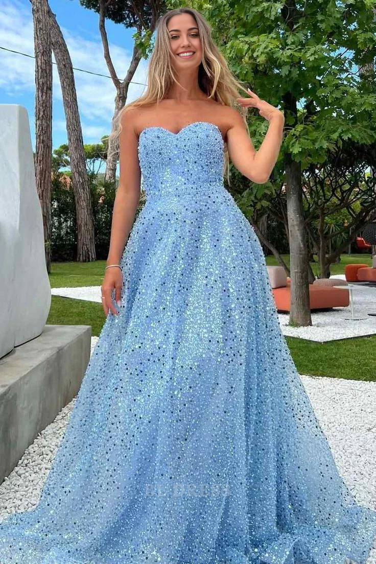 A Line Sparkly Strapless Sweetheart Sequins Long formal dresses Bridesmaid Dresses evening gown Prom Dress