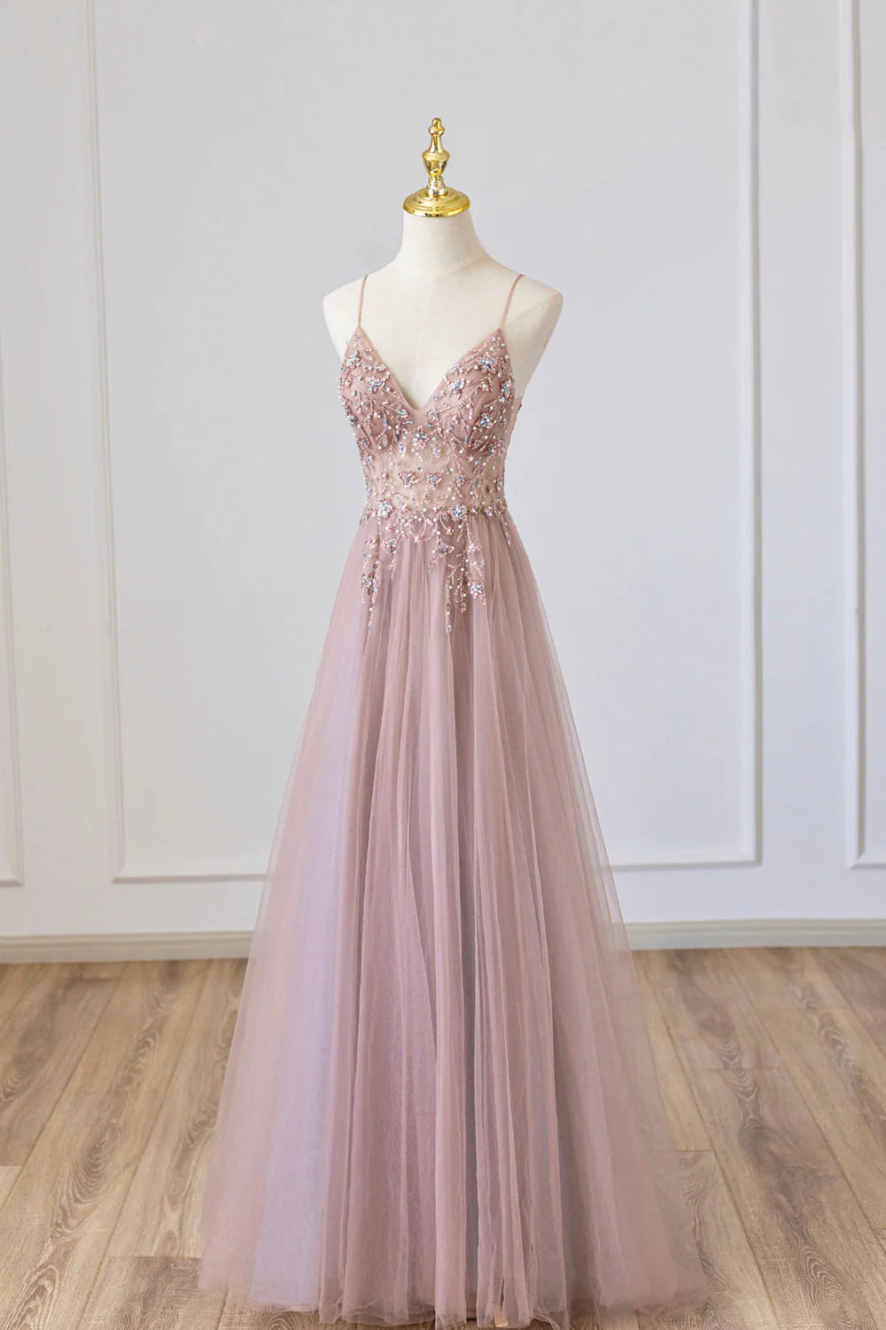 A-Line Tulle Long Spaghetti Formal Prom Dress